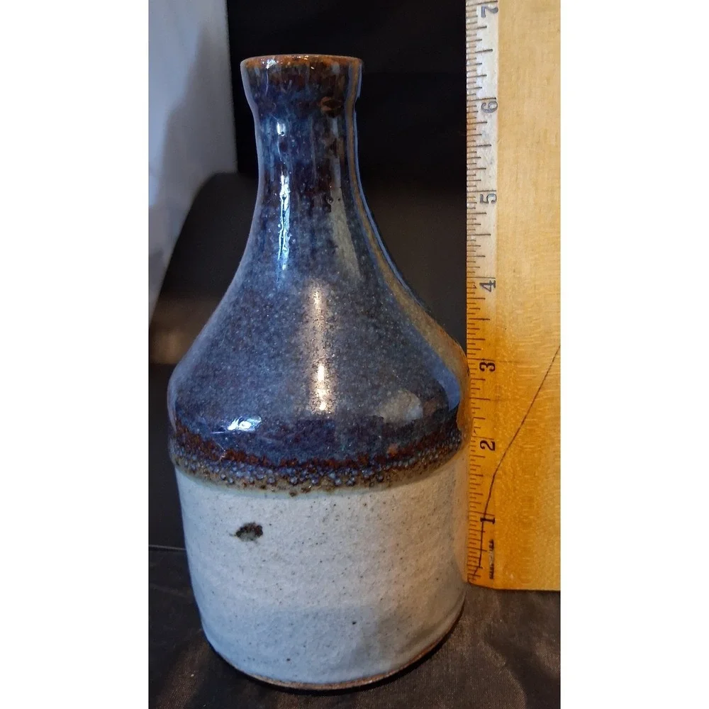 Signed Studio Pottery Vase Blue Beige Two Tone Glazed Bottle 7 Inch